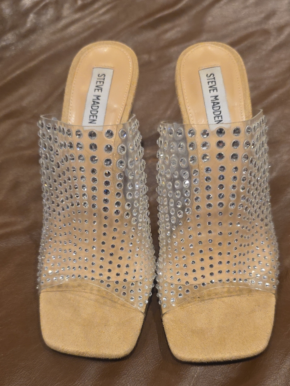 Steve Madden Womens Nicely Rhinestone Clear Block Heels Sz 8